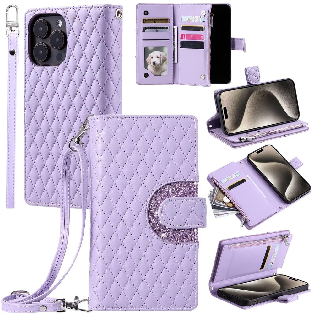 Case for Xiaomi 15T Pro, Embossed PU Leather Wallet Case with Strap, Zipper Coin Purse, Violet