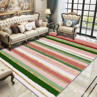 TerroVee Striped Area Rug 140 x 200 cm, Multicolor Short-Pile Rug for Living Room, Non-Slip, Easy-Care, Pink/Green/Gold