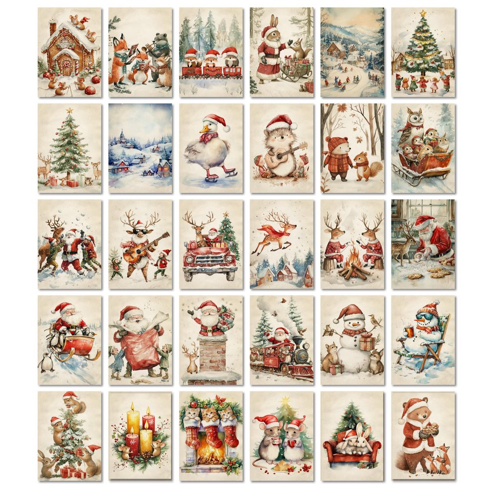 ARTFAVES Christmas Watercolor Postcard Set – 30 Animal and Holiday Designs, A6