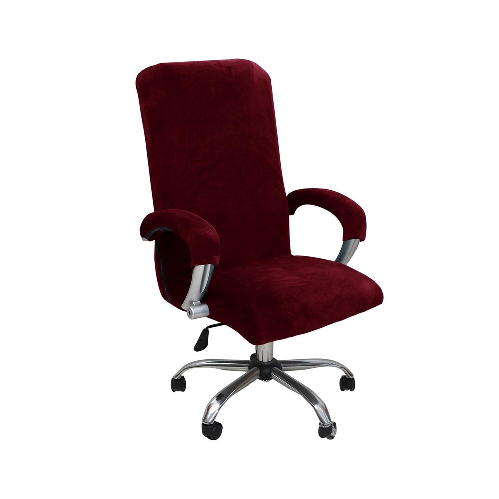 Velvet Office Chair Cover for Swivel Boss Chair with Armrests, Stretchable, Washable, Universal Fit, Wine Red, Size L