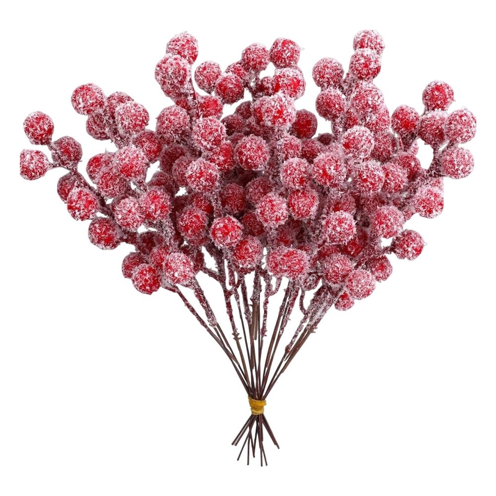 Colcolo 20-Piece Artificial Red Berry Picks, Snow-Covered Christmas Ornaments for DIY Crafts