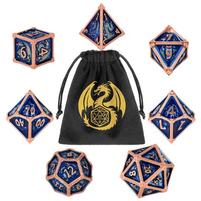 DND Blue Metal Dragon Dice Set, 7-Piece Polyhedral Dice