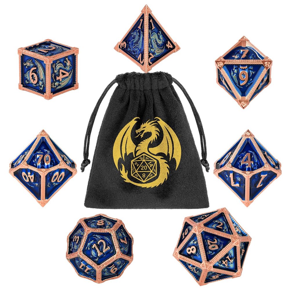 DND Blue Metal Dragon Dice Set, 7-Piece Polyhedral Dice
