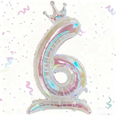 Tourima 32-Inch Transparent Iridescent Foil Balloon Number 6 with Crown