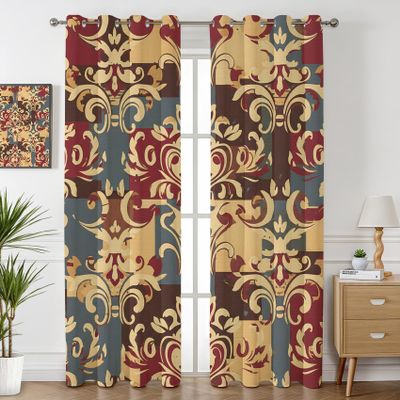 Havenix Retro Baroque Blackout Curtains, Red Blue Beige Ornament Design, 300 cm High, 2-Piece Set with Eyelets