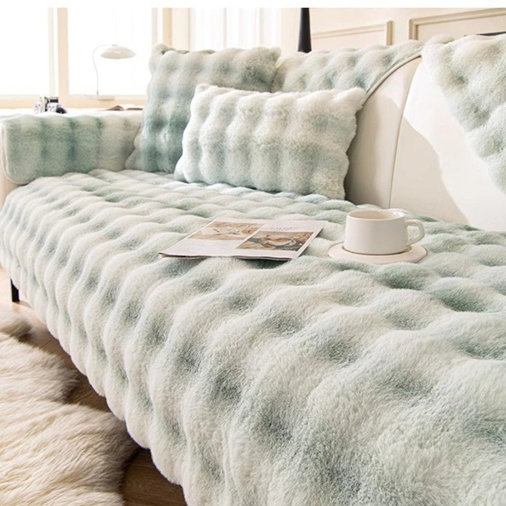 Soft Plush Faux Rabbit-Fur Sofa Cover, Non-Slip, Cyan, 70 × 180 cm