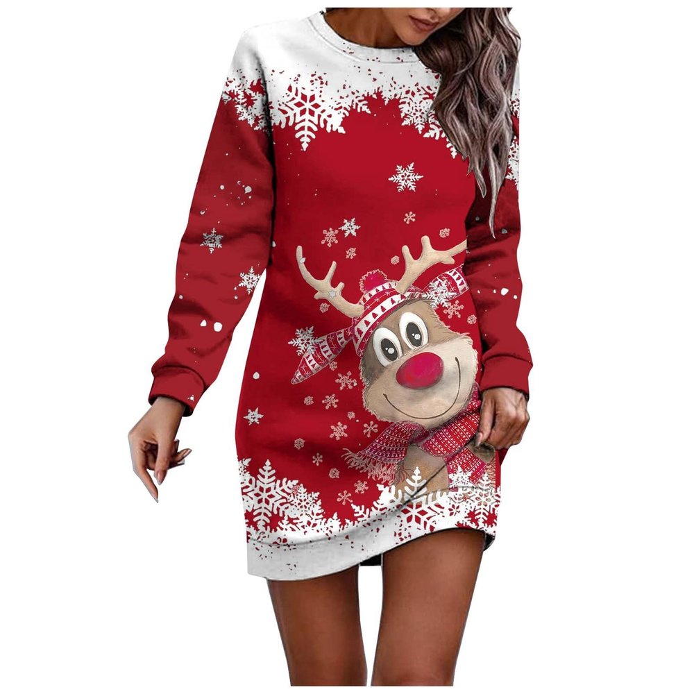 Women's Red Christmas Sweater Dress, Long Sleeve, Knee-Length, XL