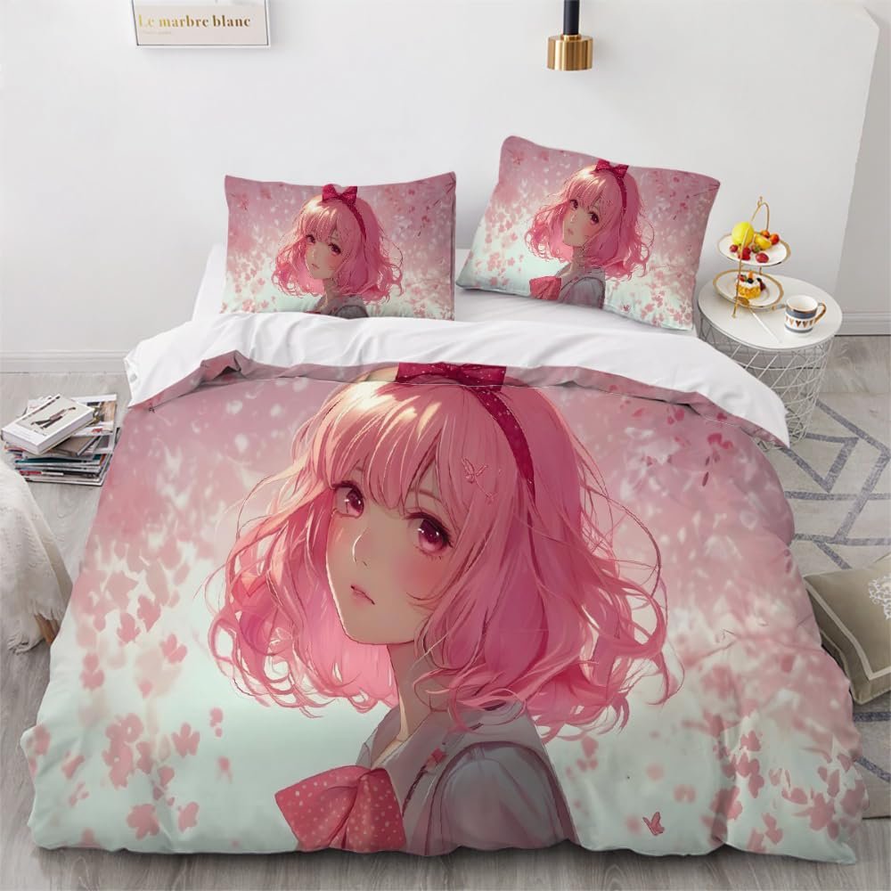Japanese Anime Bedding Set 135 x 200 cm, 3-Piece Manga Girl Duvet Cover Set
