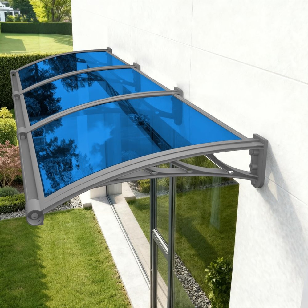 Front Door Awning, 60 x 110 cm, Gray Panel with Blue PC Brackets