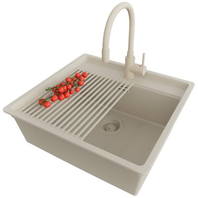 PRIMAGRAN Granite Sink for 60 cm+ Base Cabinets with Kitchen Faucet, 56 x 53 cm