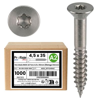 A2 Stainless Steel Wood Screws, 4.5 x 35 mm, TX Countersunk Head, 1,000 Pack