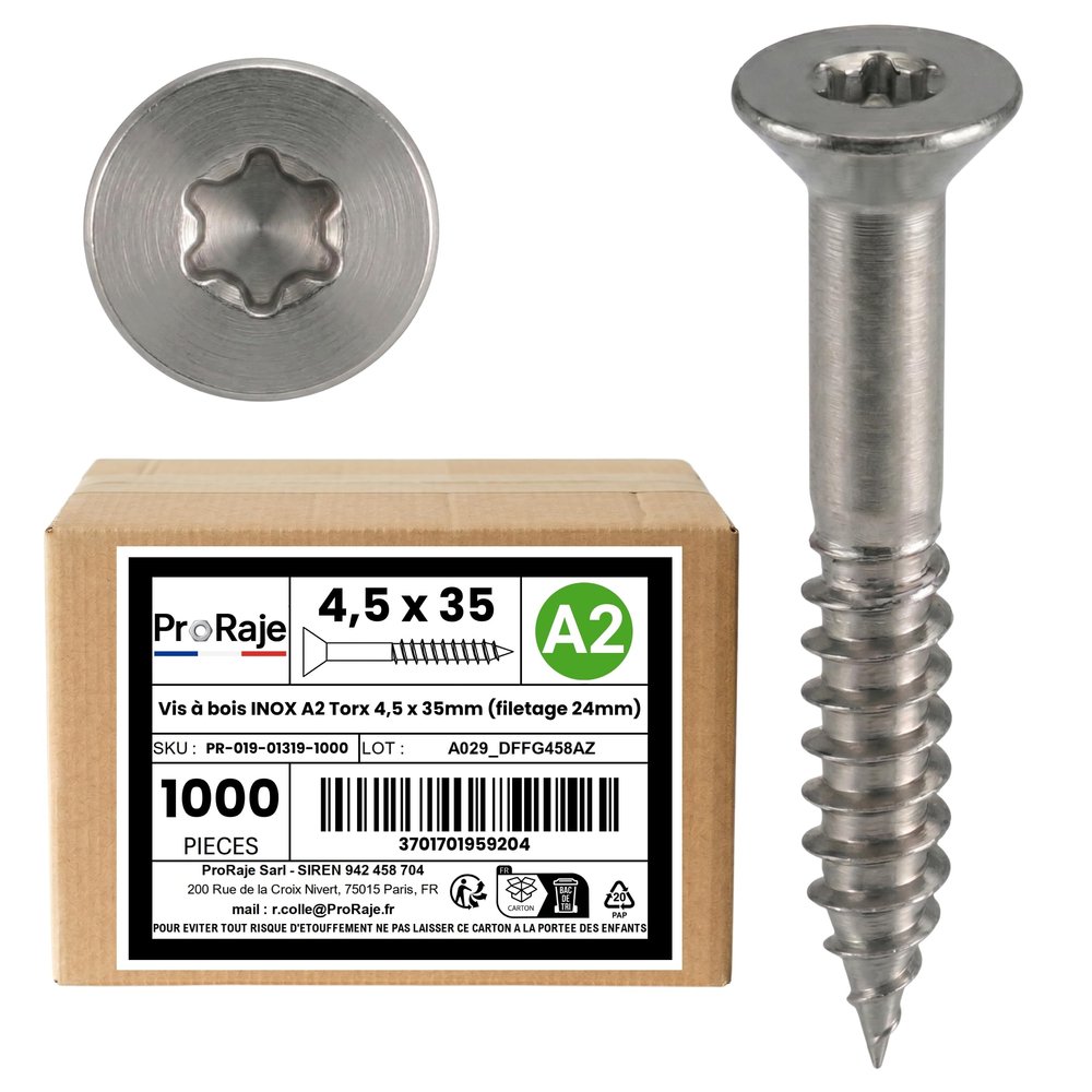 A2 Stainless Steel Wood Screws, 4.5 x 35 mm, TX Countersunk Head, 1,000 Pack