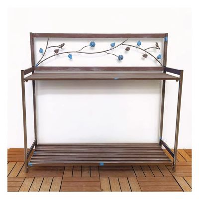 Outdoor Planting Bench, Metal Garden Table with 2 Tiers, Open Planting Shelf, Brown, 126.5 x 45 x 115.5 cm