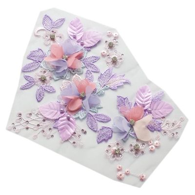 Mesh Embroidered Floral Rhinestone Appliqué Sticker for Wedding Dresses and Clothing (Purple)