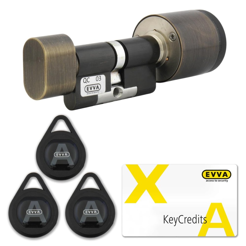 EVVA AirKey Starter Set – Digital Knob Cylinder | Electronic Door Lock | Modular Locking Cylinder + 3 Transponders + 6 Credits | NFC/Bluetooth Smartphone Control | Patinated Brown | 61/66K