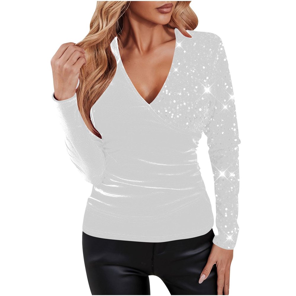 Guhmomh Women's Long-Sleeve Sequin Party Top, White, XL
