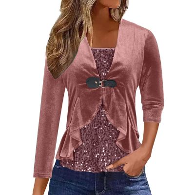 Guhmomh Women's Festive Velvet Long-Sleeve Sequin Top, Pink, S