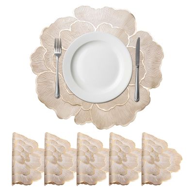 QUARKZMAN Gold-Edge White Rose-Shaped Round Placemats, Set of 6, 15 x 15 in