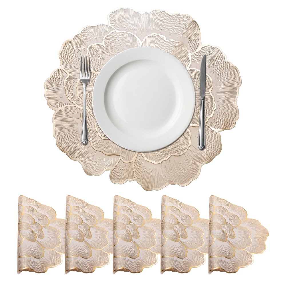QUARKZMAN Gold-Edge White Rose-Shaped Round Placemats, Set of 6, 15 x 15 in