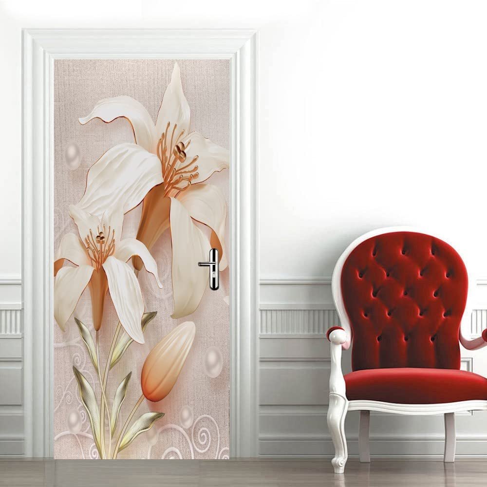 Lily Door Wallpaper, 3D Door Poster, PVC Self-Adhesive Sticker, 100 x 200 cm