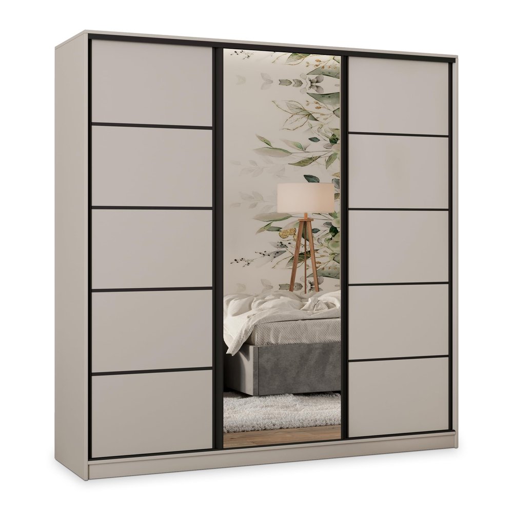 Masseno PINA Sliding-Door Wardrobe 180 x 205 x 58 cm with 4 Drawers and Mirror, Cashmere