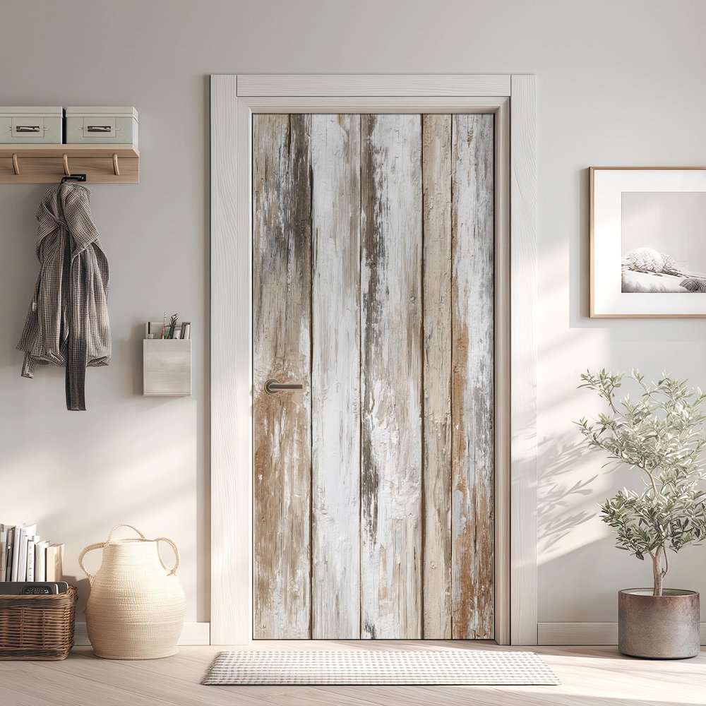 Self-Adhesive PVC Wood-Plank Door Wallpaper, Removable Waterproof Rustic Decal, 95 x 205 cm
