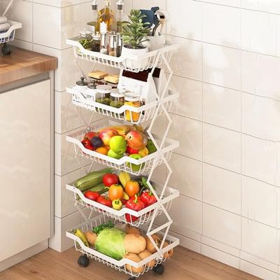 Folding Rolling Storage Cart, White 5-Tier Metal Kitchen Cart