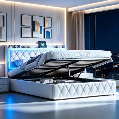 160 x 200 cm Bed with Storage, Upholstered LED Headboard, USB and USB-C