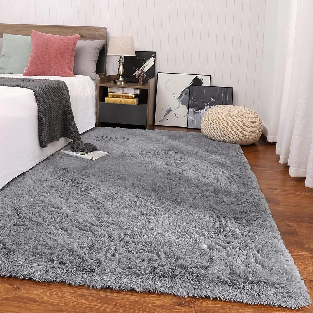 ANJIAJIE Shaggy Rug 110 x 150 cm, Soft Modern Solid-Color Design, Gray