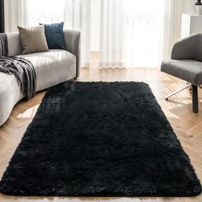 ANJIAJIE Shaggy Rug 115 x 120 cm, Soft Plush, Solid Black
