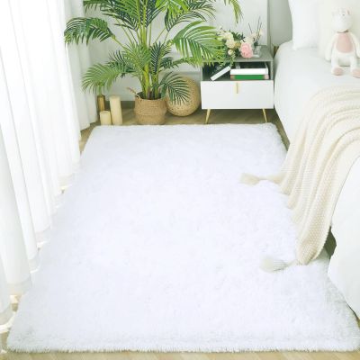 ANJIAJIE High-Pile Living Room Rug 125 x 210 cm, Soft, Modern, Easy-Care, Solid Color, Silky Sheen, Fluffy, Non-Slip, White