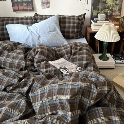 Sedefen Bedding Set 155 x 220 cm, Blue and Brown Plaid, Reversible