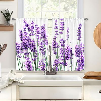 Treer 2-Piece Floral Cafe Curtains, Short Window Curtains, Lavender, 65 x 60 cm