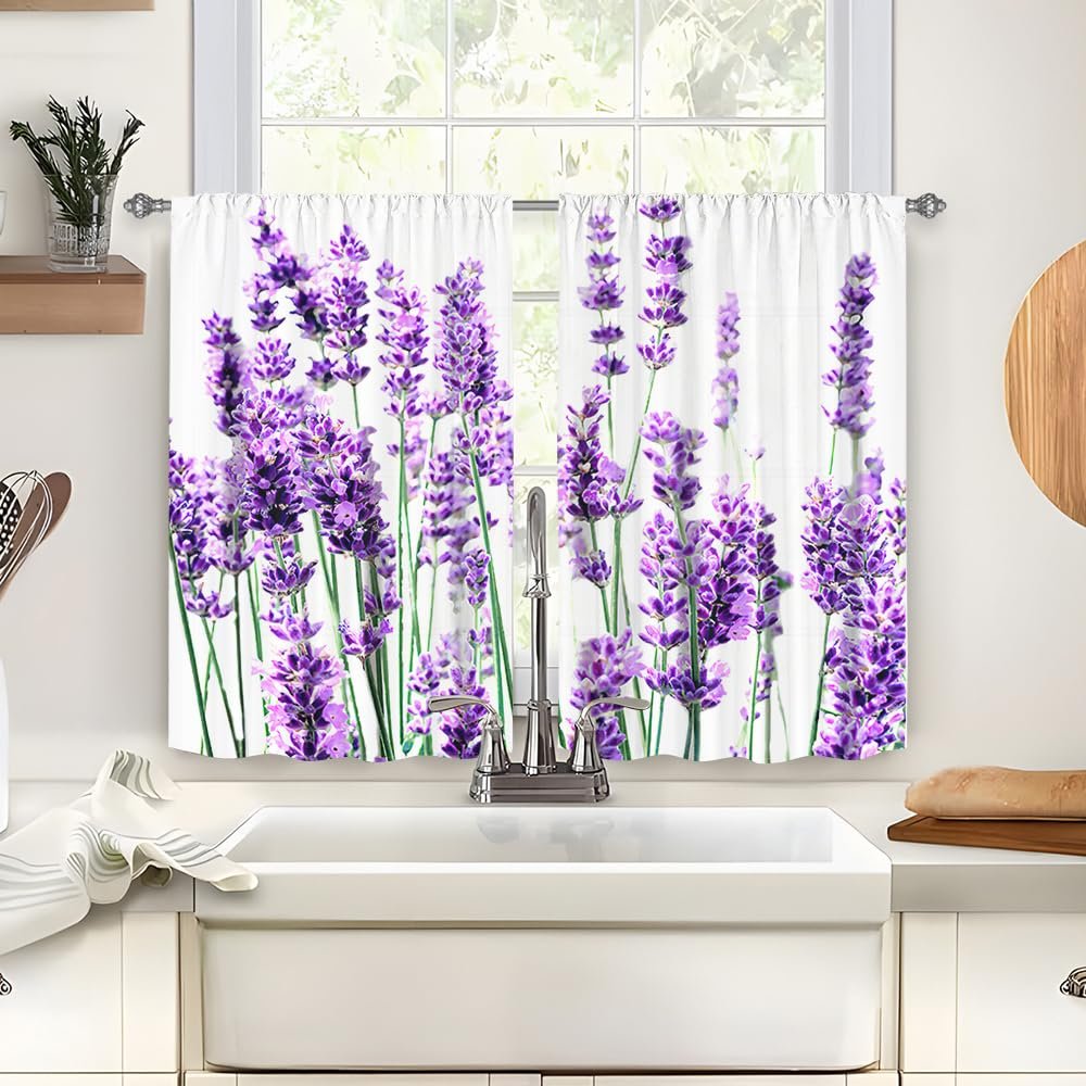 Treer 2-Piece Floral Cafe Curtains, Short Window Curtains, Lavender, 65 x 60 cm