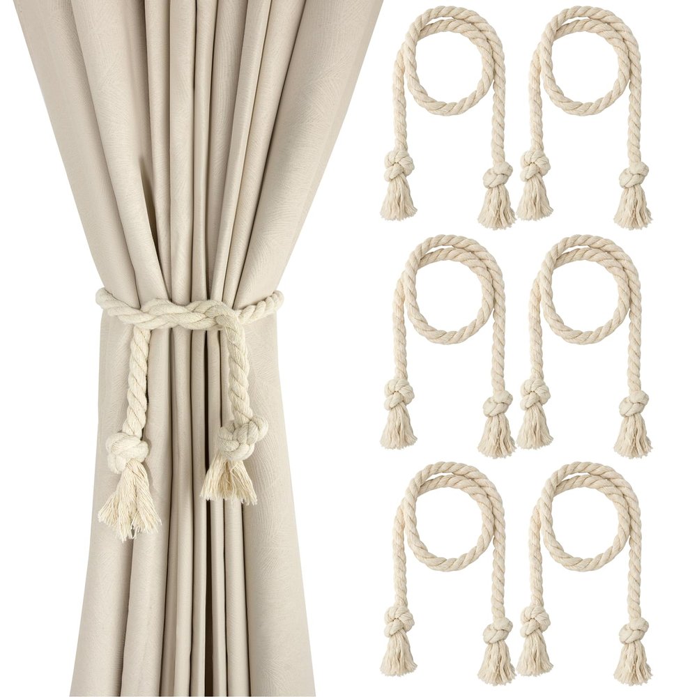 HwlAlrs 6-Pack Beige Boho Curtain Tiebacks, Adjustable Tassel Holdbacks
