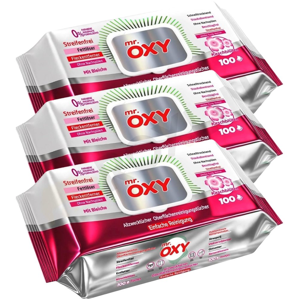Mr. OXY Maxima All-Purpose Cleaning Wipes, Streak-Free, Fast-Drying, Cherry Blossom Scent, with White Vinegar & Baking Soda, No Rinsing Required, Pack of 3
