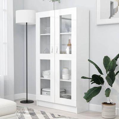 Hommdiy Living Room Display Cabinet, High-Gloss Engineered Wood, Glass Doors, 150 cm, White