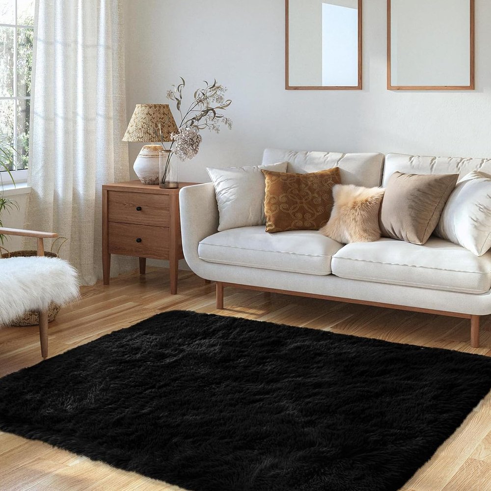 ANJIAJIE Shaggy High-Pile Rug, 140 x 175 cm, Soft, Modern, Easy-Care, Solid Black