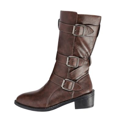 Women's Wide-Fit H Ankle Boots, Comfortable Winter Slip-Ons with Buckle and Block Heel