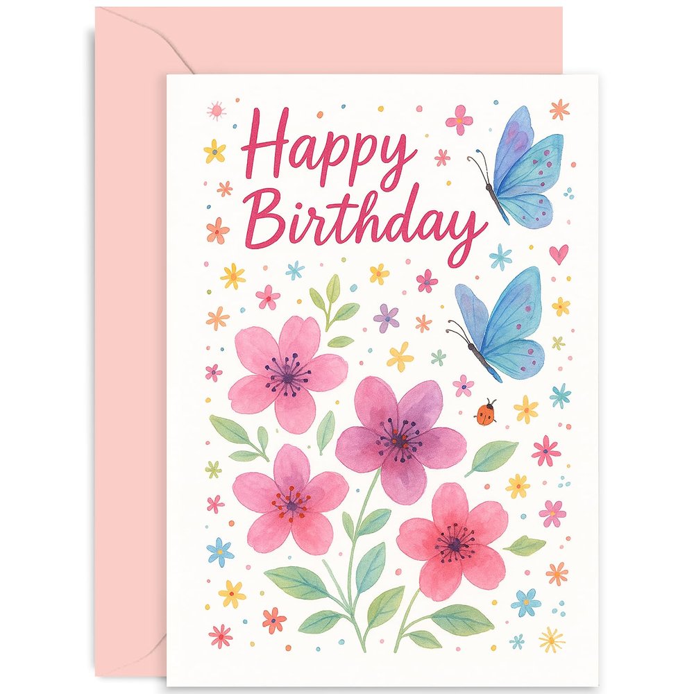Birthday Card for Granddaughter, Cute Colorful Design with Butterflies, Flowers and Hearts, for Women, Adults and Children, Blank Inside