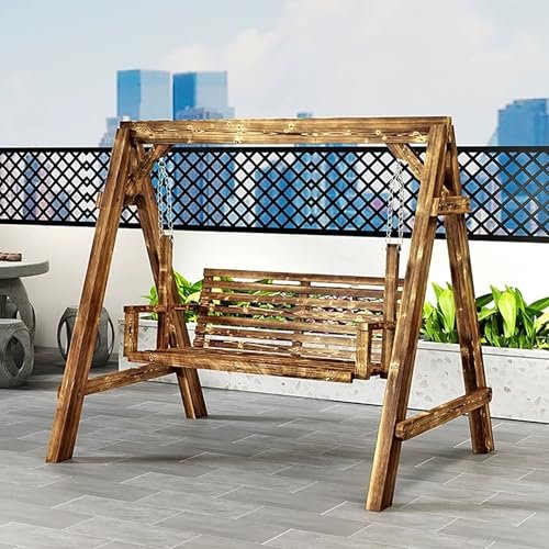2-Seater Wooden Swing Bench with Stand, Backrest and Armrests, Supports 362.9 kg