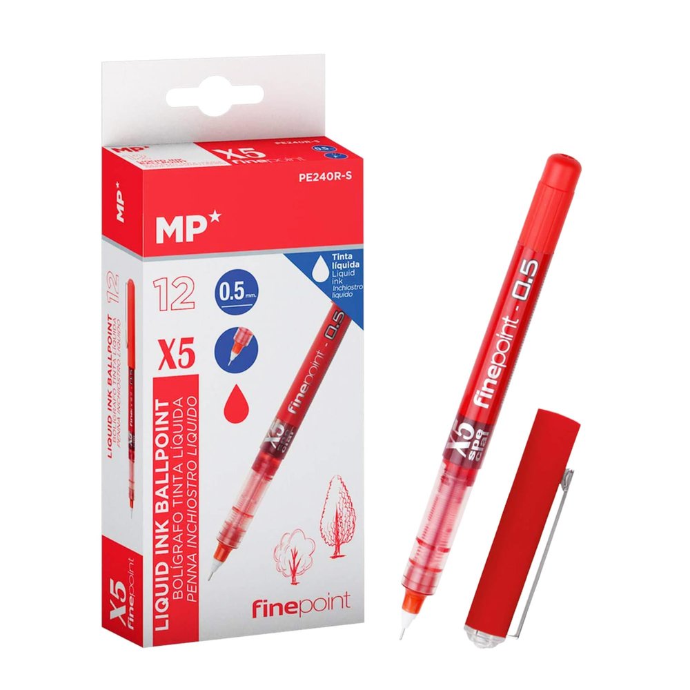 MP Liquid Ink Rollerball Pens, Durable 0.5 mm Ball Tip, Red, 12-Pack