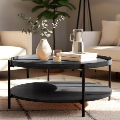 CLP Round Corbitan Wooden Coffee Table, 2-Tier Sofa Table with Storage, Small Side Table with Black Metal Frame, Gray, 80 cm