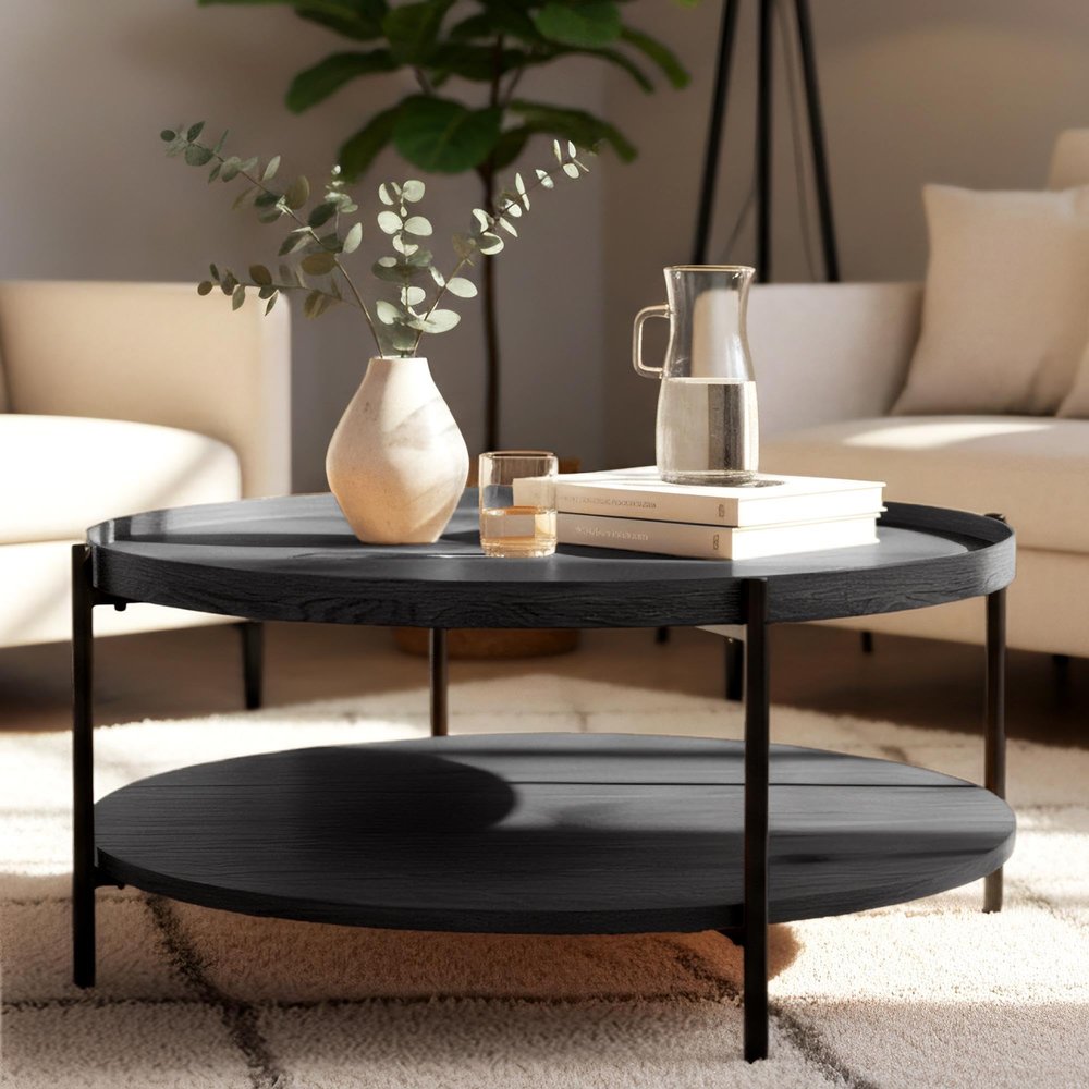 CLP Round Corbitan Wooden Coffee Table, 2-Tier Sofa Table with Storage, Small Side Table with Black Metal Frame, Gray, 80 cm