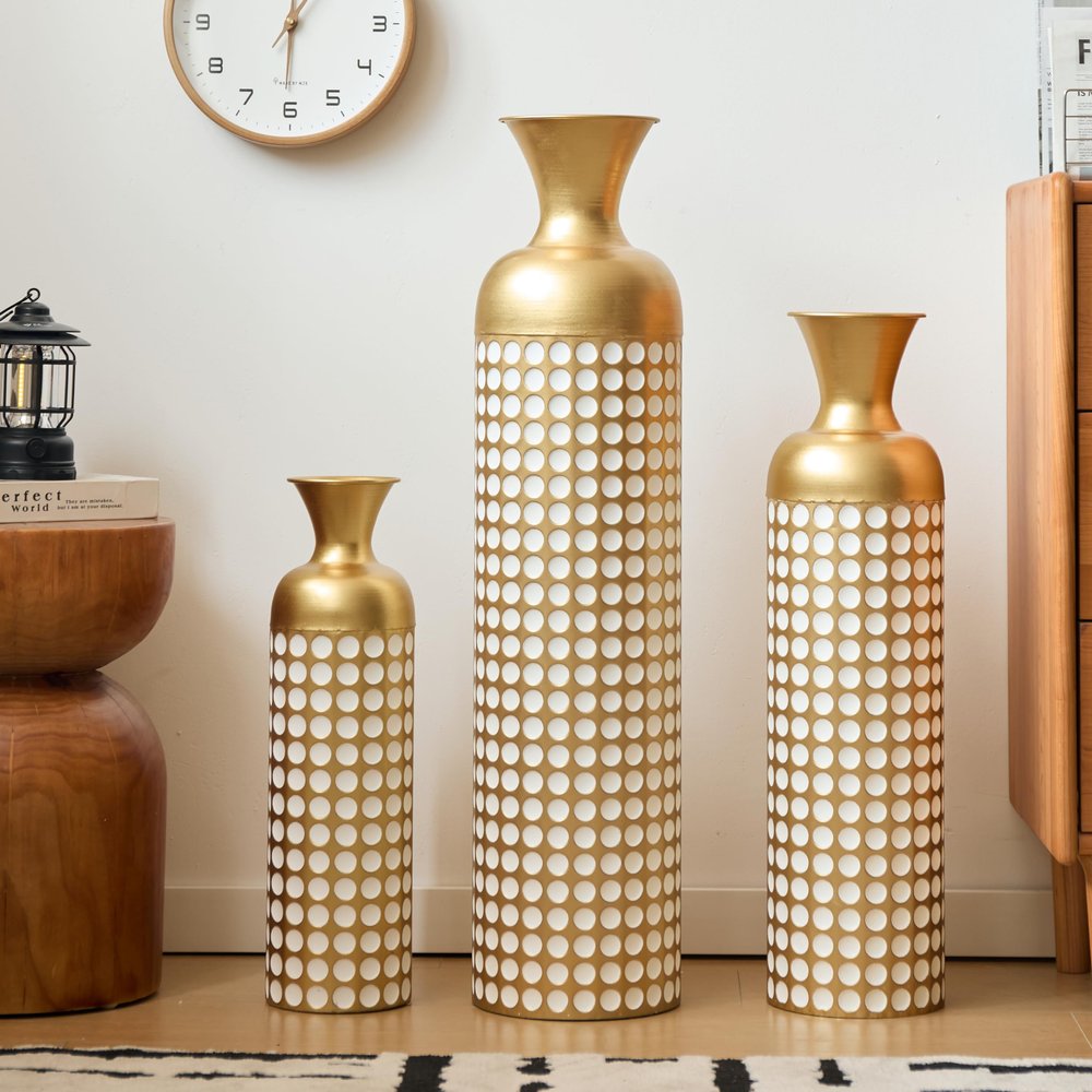 Rpuzonier Large Floor Vases Set of 3, 83/65/50 cm Tall, Gold & White