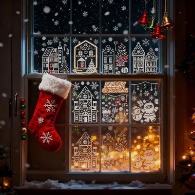 Christmas Village Stickers, 4/8 Sheets, Christmas Window Clings with Houses and Snowflakes, Self-Adhesive, Double-Sided Reusable Window Decals (B)
