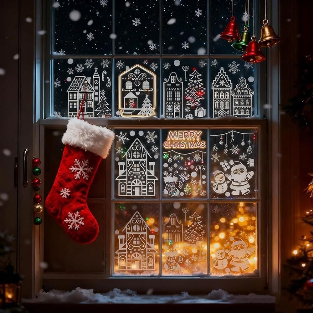 Christmas Village Stickers, 4/8 Sheets, Christmas Window Clings with Houses and Snowflakes, Self-Adhesive, Double-Sided Reusable Window Decals (B)