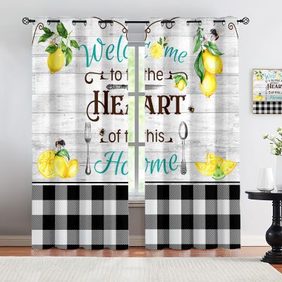 VELOMEA Rustic Country Checkered Lemon Kitchen Curtains, White Black Yellow, Light-Blocking 2-Piece Set, 140 x 160 cm