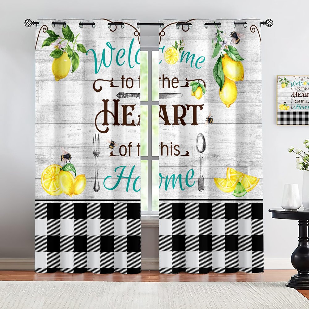 VELOMEA Rustic Country Checkered Lemon Kitchen Curtains, White Black Yellow, Light-Blocking 2-Piece Set, 140 x 160 cm