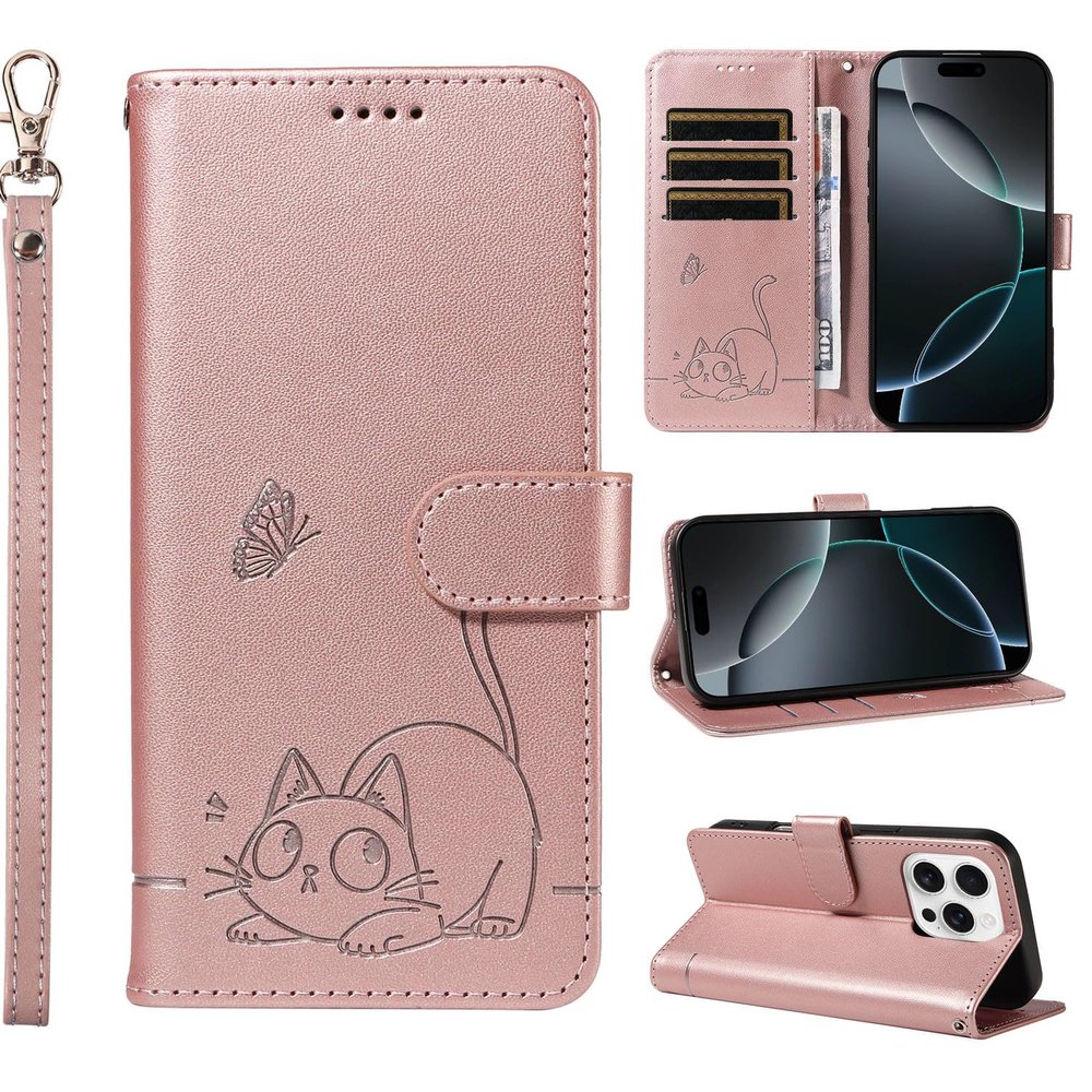 Ymyhyuxi Phone Case for Samsung Galaxy A06 (4G/5G), Wallet, Magnetic Closure, Card Holder, Leather Case, Embossed Cat Brings Good Luck Design (Rose Gold)